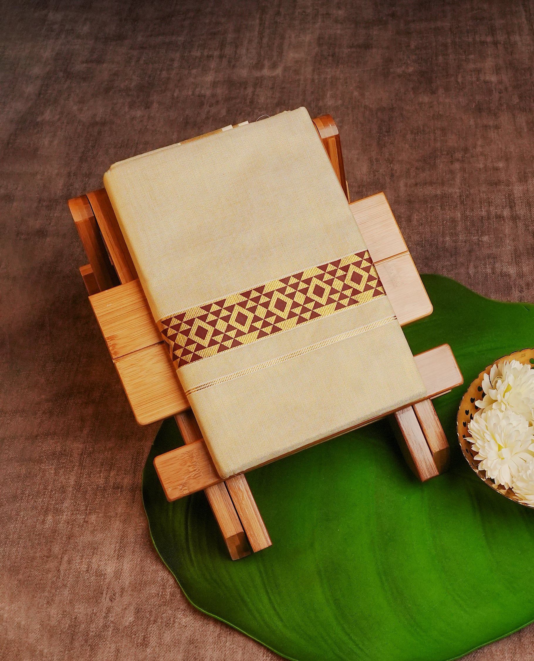 Cream Colour Tissue Double Dhoti Finished With A Classic Golden kasav With Maroon printed Digital print.