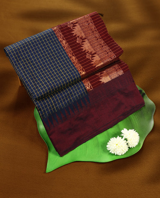 Navy Blue colour mixed Kalyani cotton saree featuring Checks throughout the body, paired with Maroon colour traditional border and pallu, with matching blouse