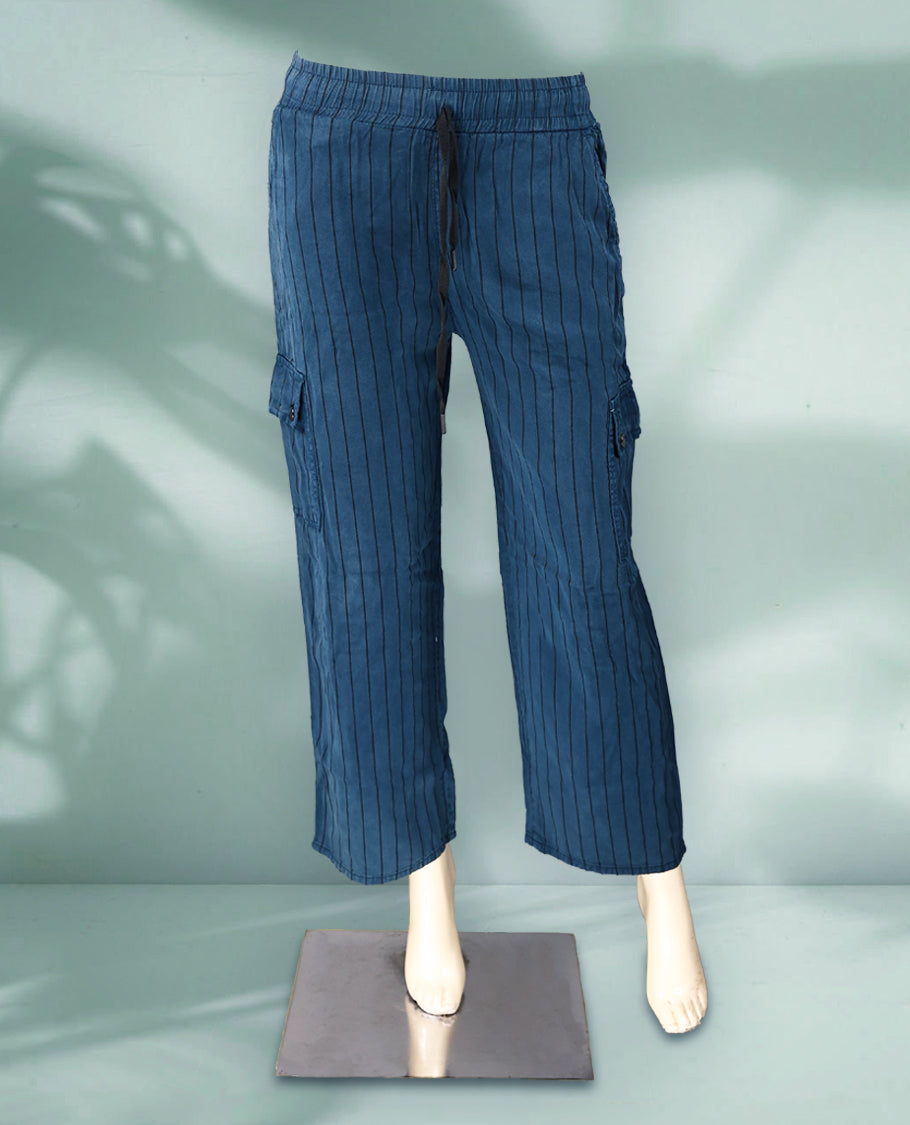 Blue colour pinstriped cargo pants featuring a relaxed fit with an elastic waistband and drawstring tie, crafted from soft, breathable fabric
