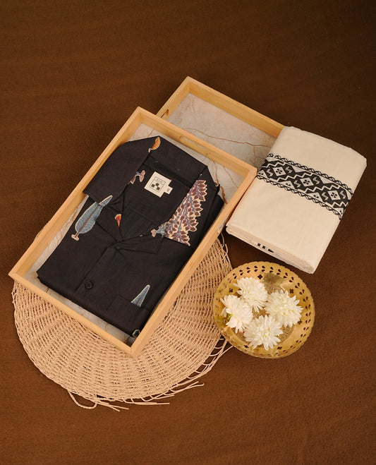 Black colour shirt featuring Floral Pattern printed body, paired with cream colour double dhoti featuring printed border.