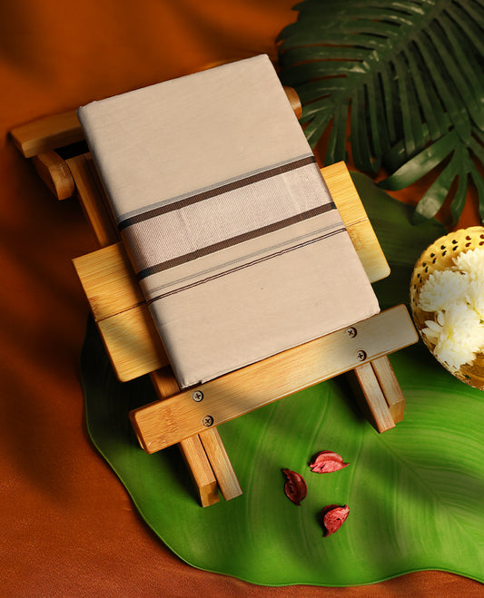 Light ivory Colour cotton double dhoti with 2 Inch light Rose Gold with Brown kara, crafted for traditional elegance & comfort, for men.