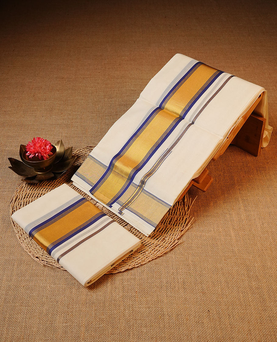 Off white colour Cotton Set Mund featuring a plain body, enhanced by a gold zari border with blue stripes.