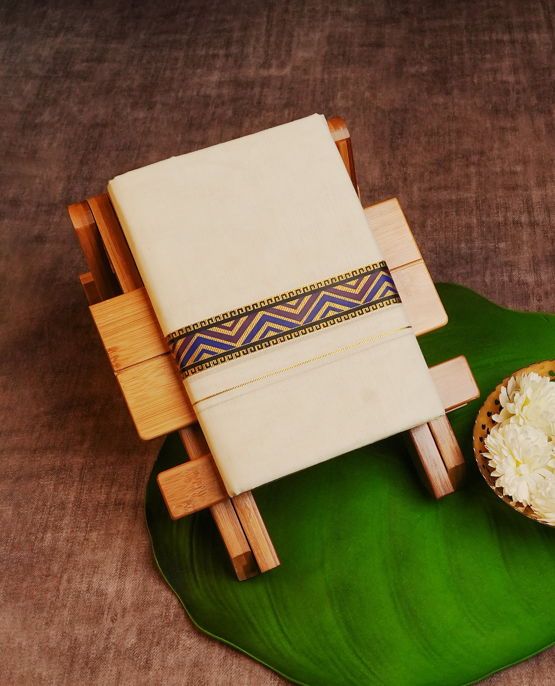 Cream Colour Cotton Double Dhoti Finished With A Classic Golden Zari Kara with zigzag digital print