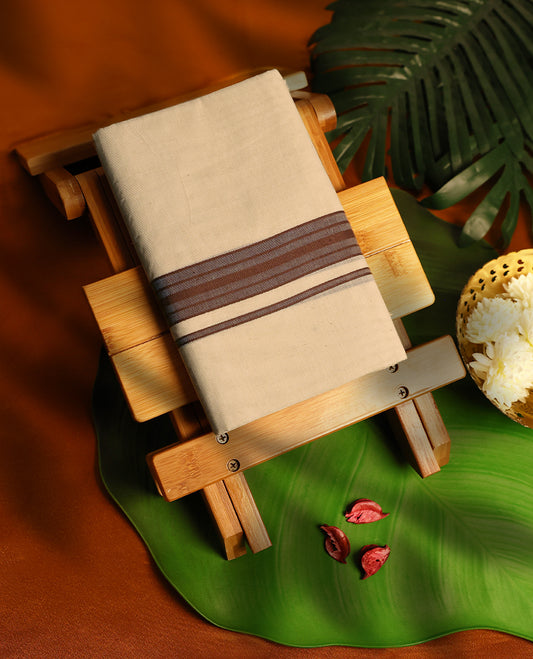 Light ivory Colour cotton double dhoti with dusty brown kara, crafted for traditional elegance & comfort, for men.
