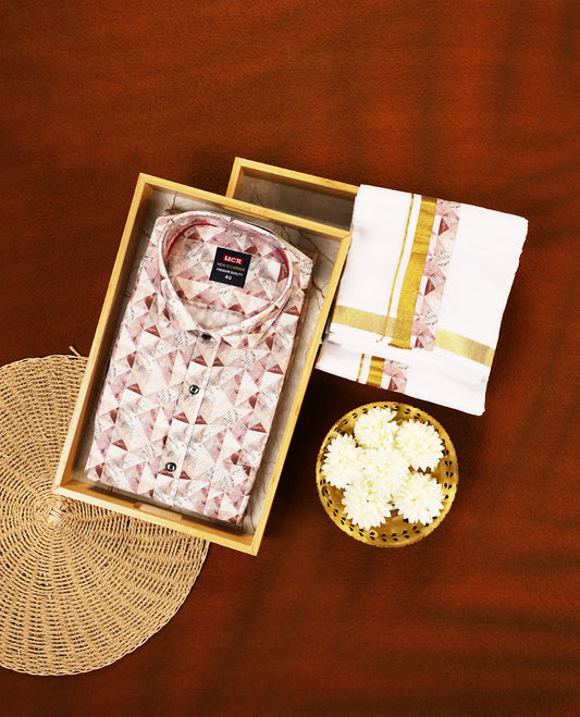 Multi pastel colour MCR full sleeve shirt featuring all over abstract prints, paired with a white dhoti adorned with a rich golden zari kara and a matching printed border.