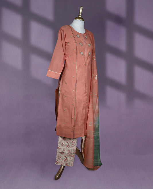 Peach colour kurti set features a round neck with placket embroidery, straight three quarter sleeves, with contrast bottom and a matching green dupatta.
