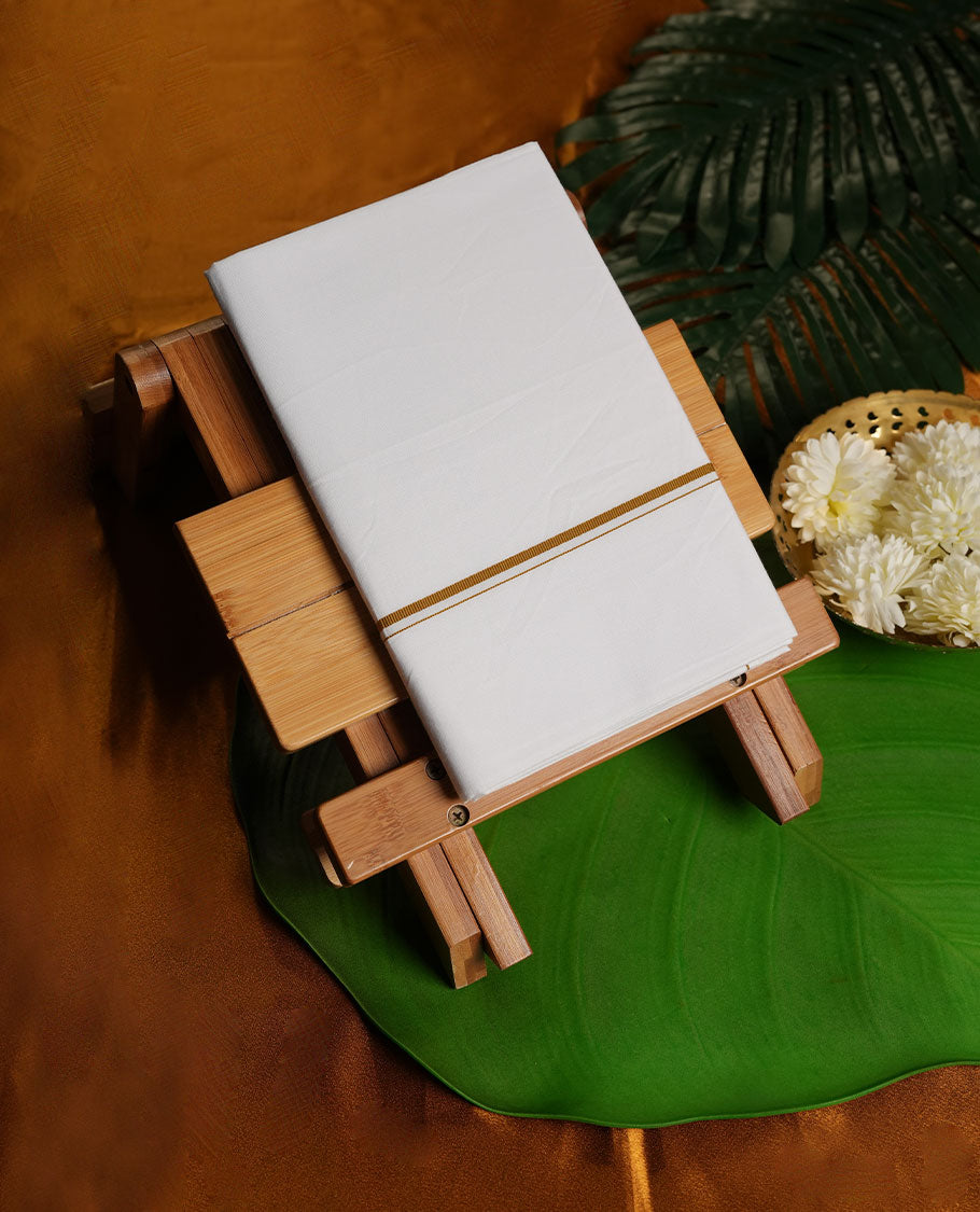 White Colour Pure Cotton single Dhoti with gold Colour simple Border for Men