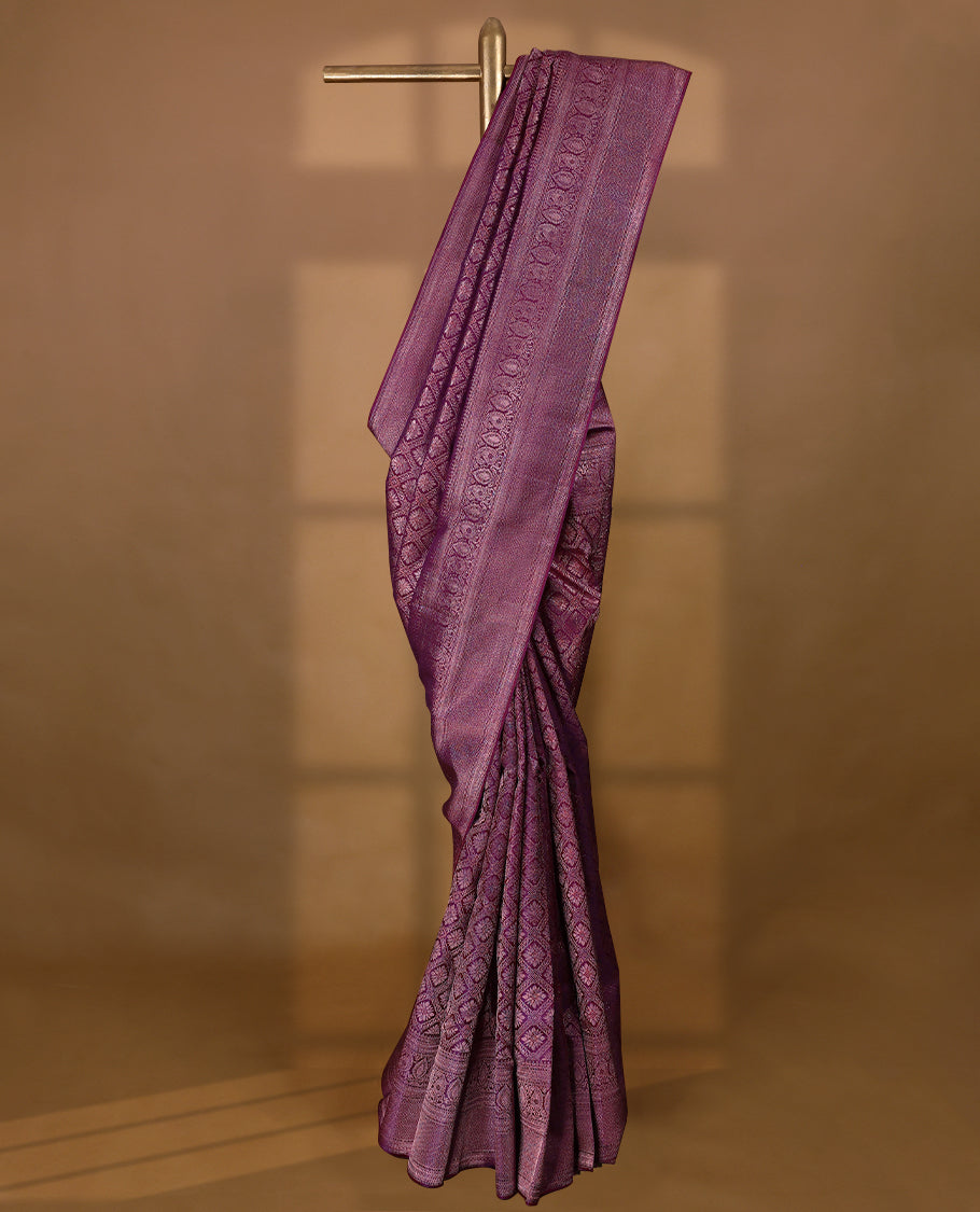 Grape Wine Colour Kancheepuram Wedding Silk Saree having Silver Zari Work in Body with Border and Brocade Blouse