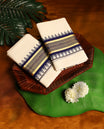Off white colour cotton SET MUNDU featuring a plain body, complemented by a deep navy and gold toned Bold border( 2.00/2.80 MTS ).