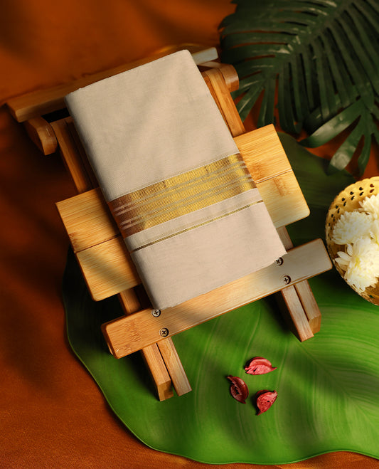 Light ivory Colour cotton double dhoti with 1.5 Inch Golden kara, crafted for traditional elegance & comfort, for men.
