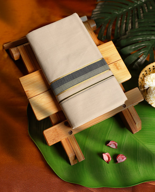 Off white colour pure handloom cotton double dhoti featuring a bold grey kara highlighted with golden zari edging, crafted for traditional elegance and lasting comfort, perfect for festive and cultural wear.