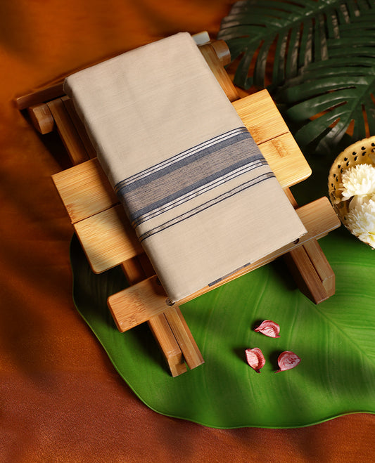 Off white pure handloom double dhoti featuring a greyish blue kara with dual fine line accents, woven in a soft traditional finish for comfort and elegance, ideal for cultural functions, temple wear, and festive occasions.