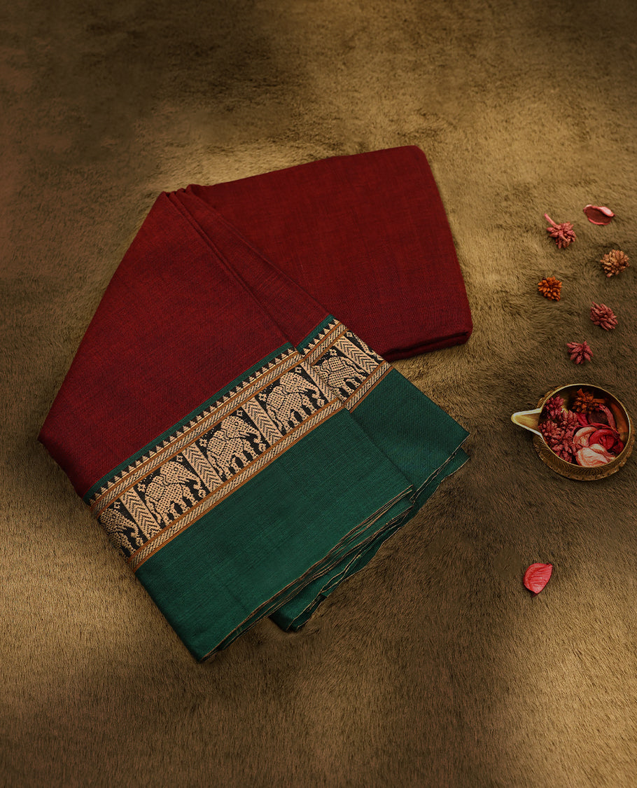 Maroon Colour Mixed Chettinad Cotton Saree having Plain Body with Contrast Border and Self Coloured Blouse