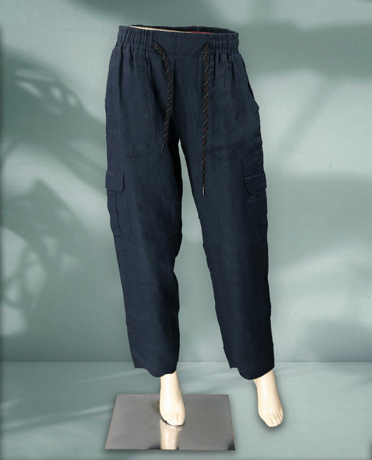 Navy blue colour cargo style pants featuring a relaxed fit, multicolored drawstring closure, and spacious utility pockets