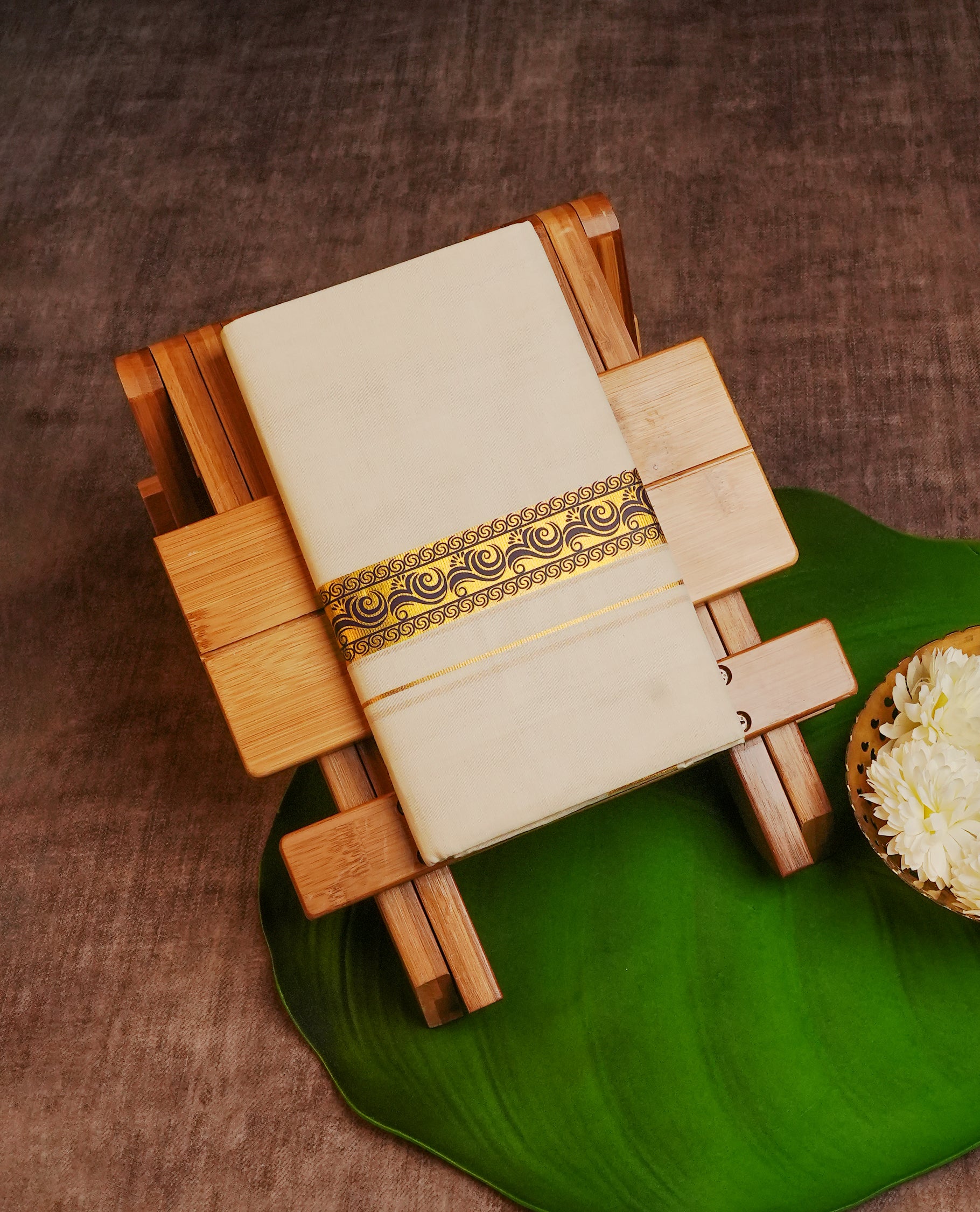 Cream Colour Cotton Double Dhoti Finished With A Classic Golden Zari Kara with Black colour digital print