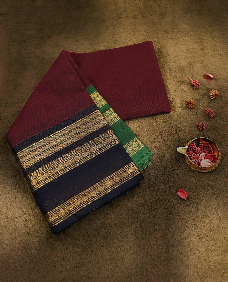 Maroon Colour Mixed Chettinad Cotton Saree having plain Body with Ganga Jamuna Border and Self Coloured Blouse