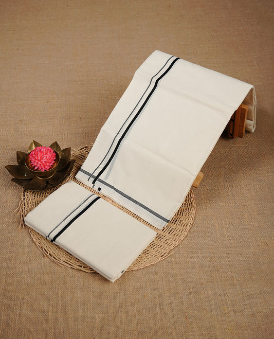 Cream colour cotton set mundu highlighting simple Black colour border.