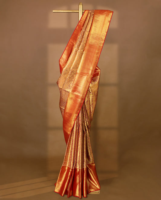 Golden Colour Pure Tissue Wedding Saree having Zari Jaal Body with Bright Red Brocade Border and Blouse