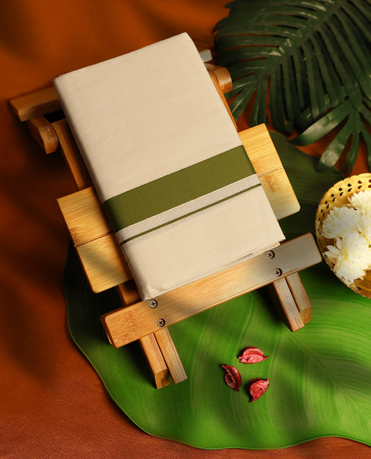 Light ivory Colour cotton single dhoti with 1.5 Inch Mung Bean Colour kara, crafted for traditional elegance & comfort, for men.