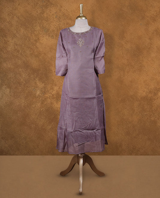 Dusty lavender colour kurti with gold colour thread & beats floral thread pattern, knee length design, styled with a Round neckline and a  sleeve .