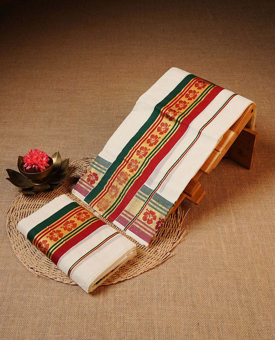 Off white colour Cotton Set Mund featuring a plain body, enhanced by a Green & maroon colour with floral print on zari border.