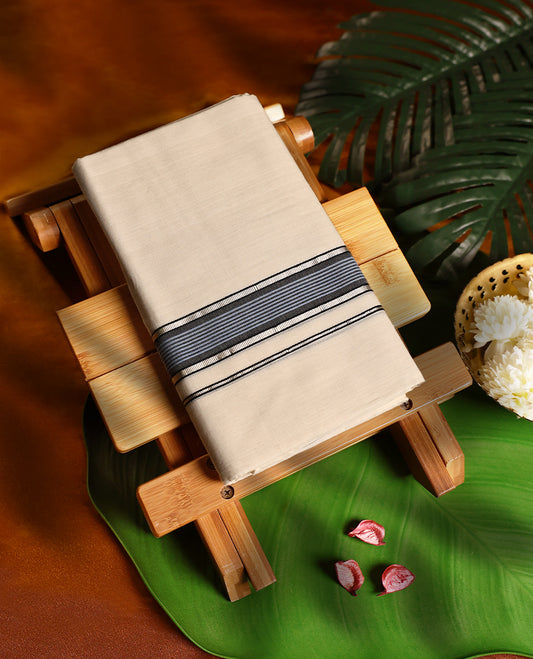 Off white pure handloom  double dhoti featuring a rich black kara with elegant double line detailing, woven with fine craftsmanship to ensure comfort, durability, and traditional grace, ideal for cultural and festive occasions