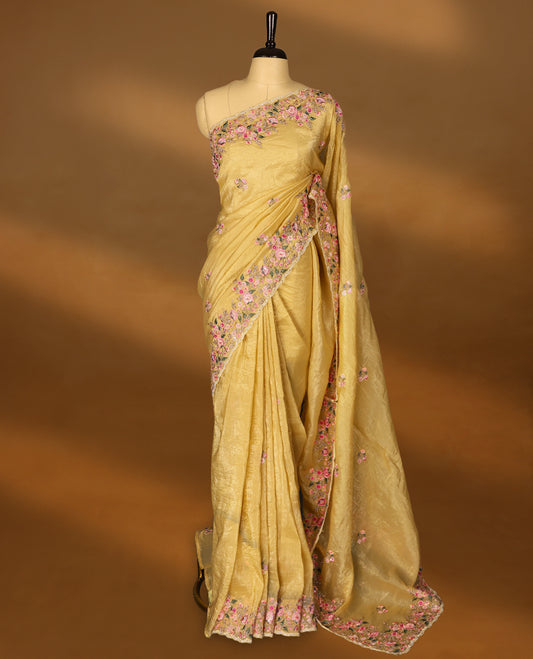 Mustard Gold Crush Soft Silk saree featuring Floral Thread Works on the body, complemented by delicate floral embroidery border and a matching  blouse.