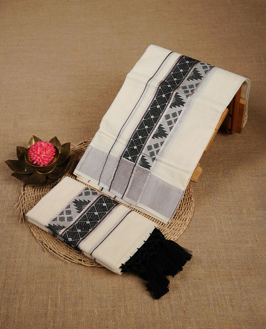 Cream colour cotton set mundu highlighting Black temple pattern & rose gold zari border.