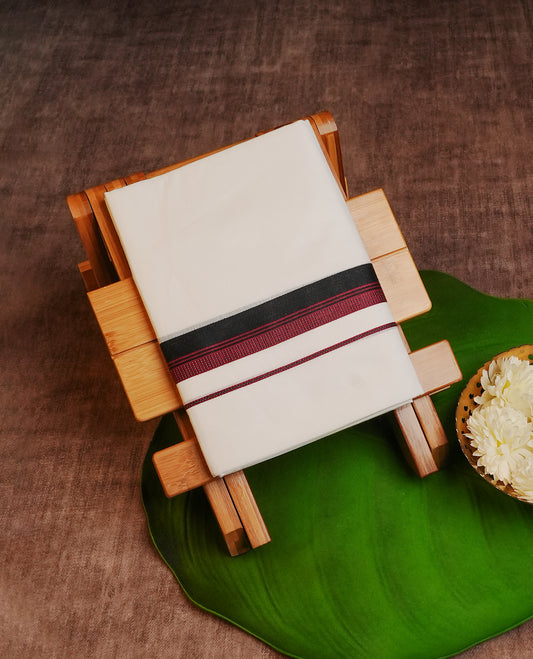 Off White Colour Cotton Double Dhoti Finished With A Classic Black & red Kara.