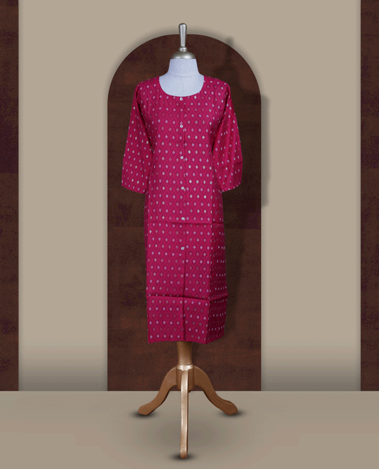 Rani pink colour kurti from TWARA, adorned with all over golden foil prints in geometric motifs, finished with a round neckline and elbow length sleeves for a graceful ethnic look.