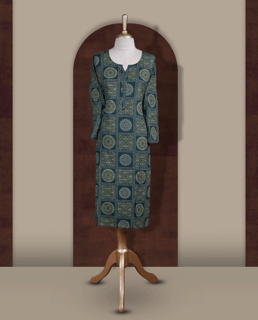 Dark green colour kurti featuring intricate olive, black & light green colour geometric and mandala block prints & Styled with a round neckline, front button placket, and 3/4 sleeves.
