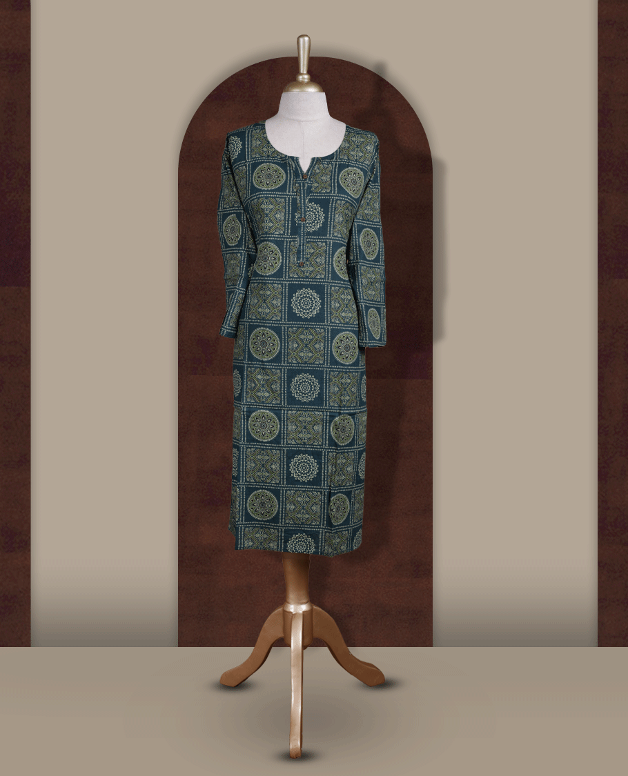 Dark green colour kurti featuring intricate olive, black & light green colour geometric and mandala block prints & Styled with a round neckline, front button placket, and 3/4 sleeves.