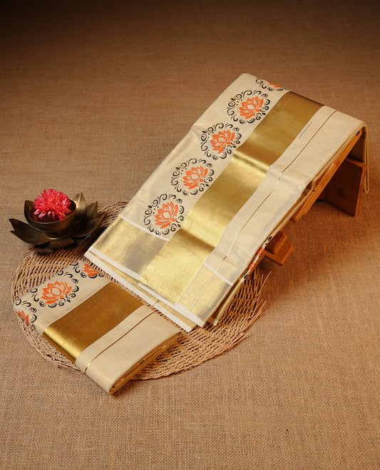 Cream colour Tissue silk set mund Featuring Elegant plain body, Complemented by Floral print with zari border.