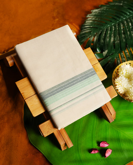 Off white colour cotton single dhoti featuring a dual tone green and grey kara with fine line detailing & Designed for daily comfort and traditional grace, ideal for rituals, cultural events, and festive wear.