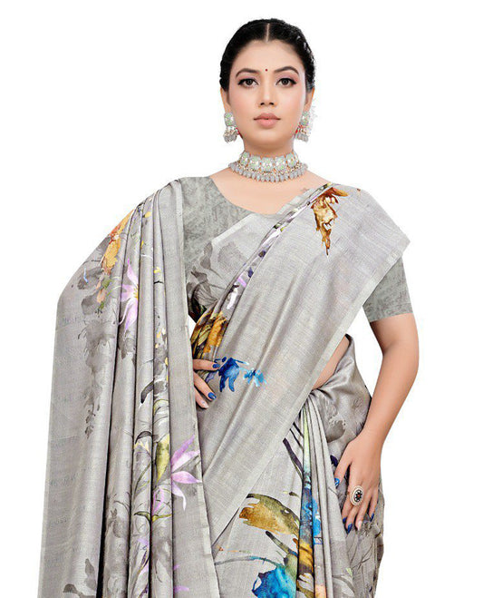 Grey colour Semi linen saree featuring vibrant multicolour floral digital prints on body and pallu, paired with a matching blouse.