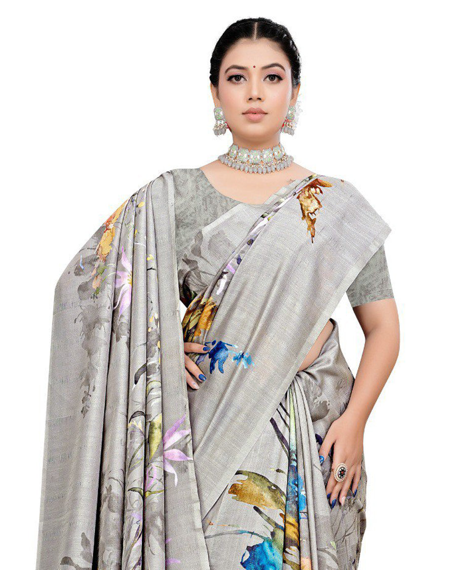Grey colour Semi linen saree featuring vibrant multicolour floral digital prints on body and pallu, paired with a matching blouse.