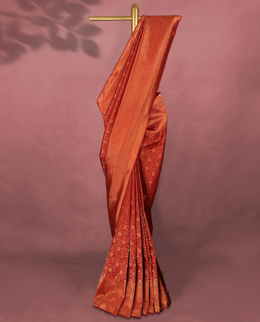 Dark Red Kancheepuram Silk Brocade Saree having Jaal Worked Body with Self Coloured Brocade Border and Blouse