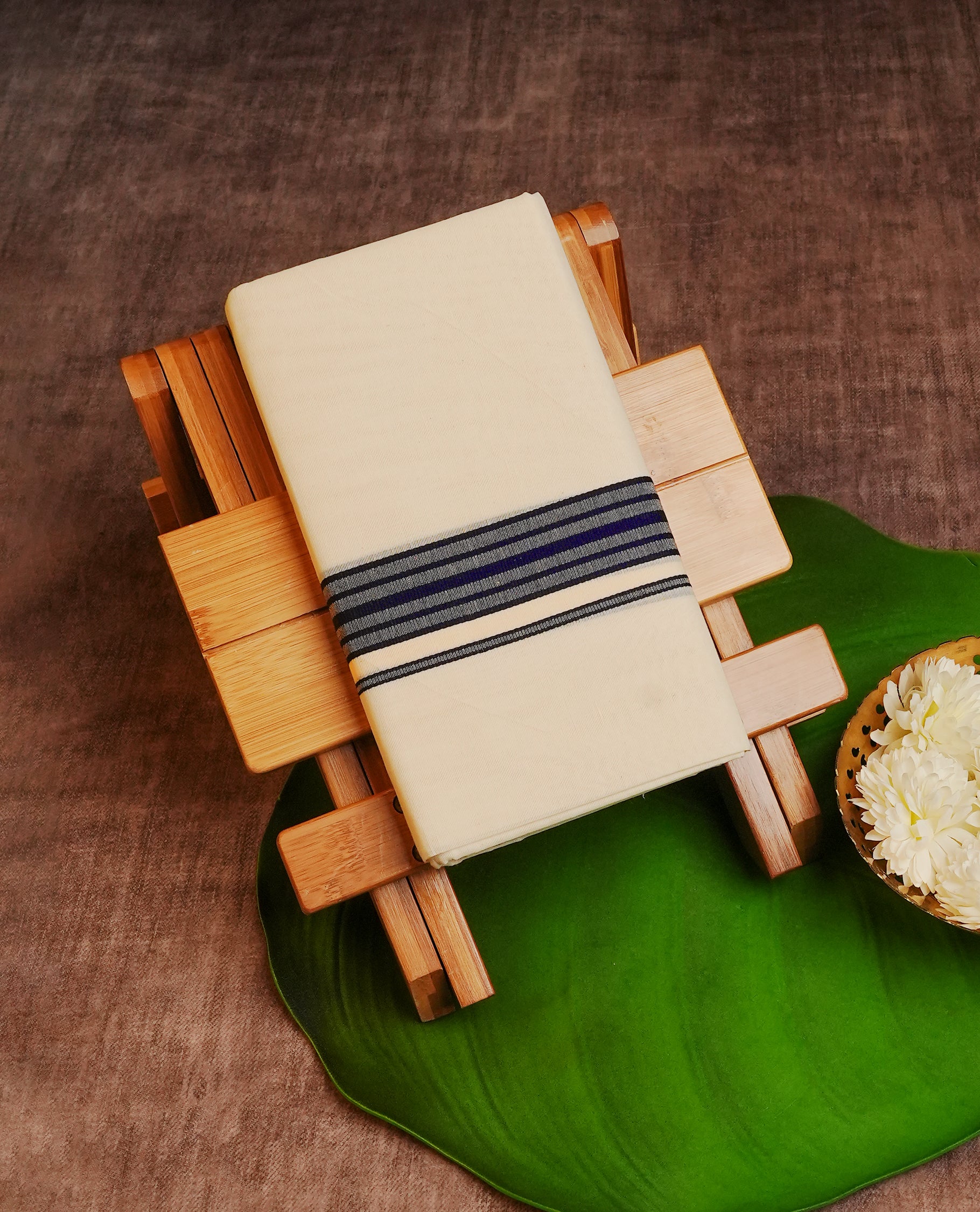 Cream Colour Cotton Double Dhoti Finished With A Classic Navy Blue Kara