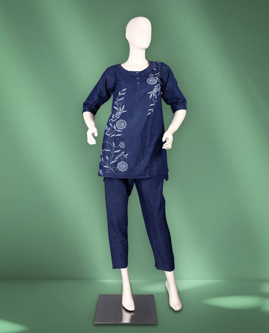 Navy blue colour women's nightwear set featuring a round-neck top with three-quarter sleeves and delicate floral prints, paired with matching tapered pants for a cozy and elegant look.