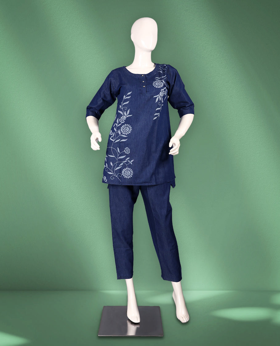 Navy blue colour women's nightwear set featuring a round-neck top with three-quarter sleeves and delicate floral prints, paired with matching tapered pants for a cozy and elegant look.