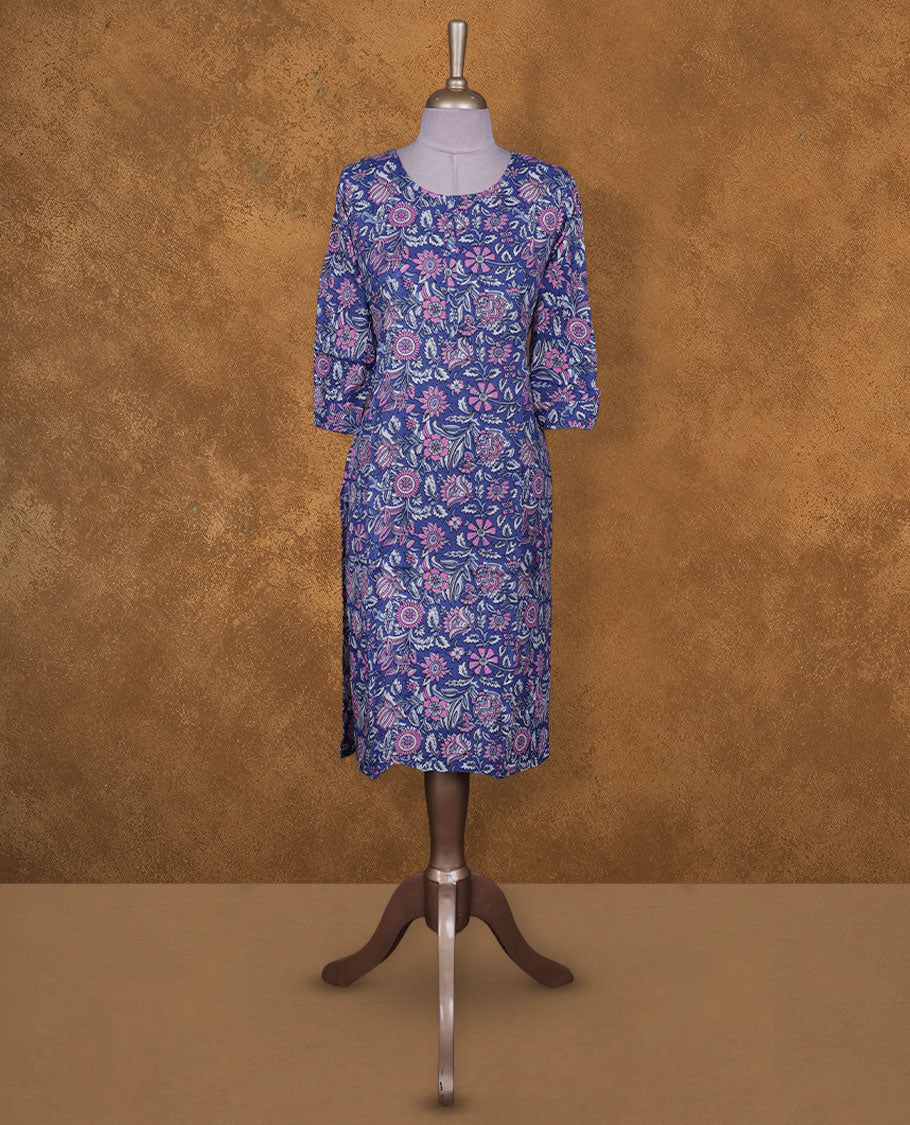 Blueish violet colour kurti with White & pink floral prints, knee length design, styled with a round neckline and a sleeve .