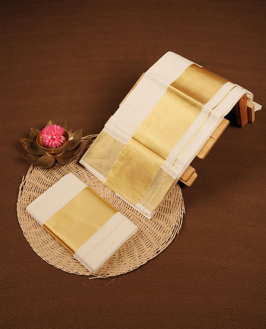 Off white colour cotton set mundu highlights gold zari traditional border (2.00/2.80 MTS)