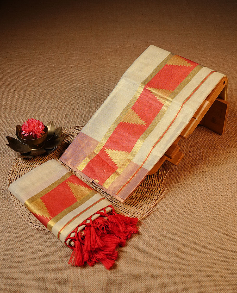 Cream colour Tissue silk set mund Featuring Elegant plain body, Complemented by Temple print on Red colour & gold zari border.