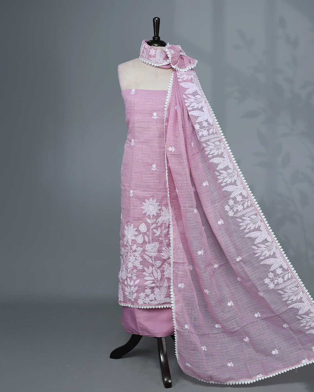 Pastel lavender Colour Kotta Net Salwar Material Featuring Elegant White Floral Thread Embroidery on the Kurta, paired with a matching bottom & beautifully embroidered Dupatta.