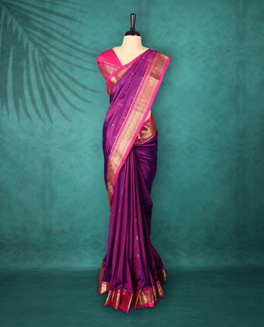 Violet colour Traditional Kancheepuram Silk saree with small gold motifs on body, Rich Magenta traditional border with intricate gold zari weaving, grand zari pallu, perfect for Bharatanatyam, with matching blouse.
