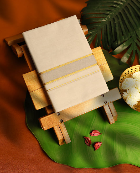 Light ivory Colour cotton double dhoti with 1.5 Inch Light silver & Gold kara, crafted for traditional elegance & comfort, for men.