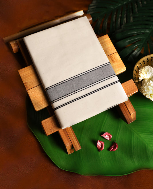 Off white cotton single dhoti featuring a grey,dark blue, & silver kara with elegant double line edging, blending simplicity with tradition, crafted for daily comfort and perfect for rituals, temple visits, and cultural occasions