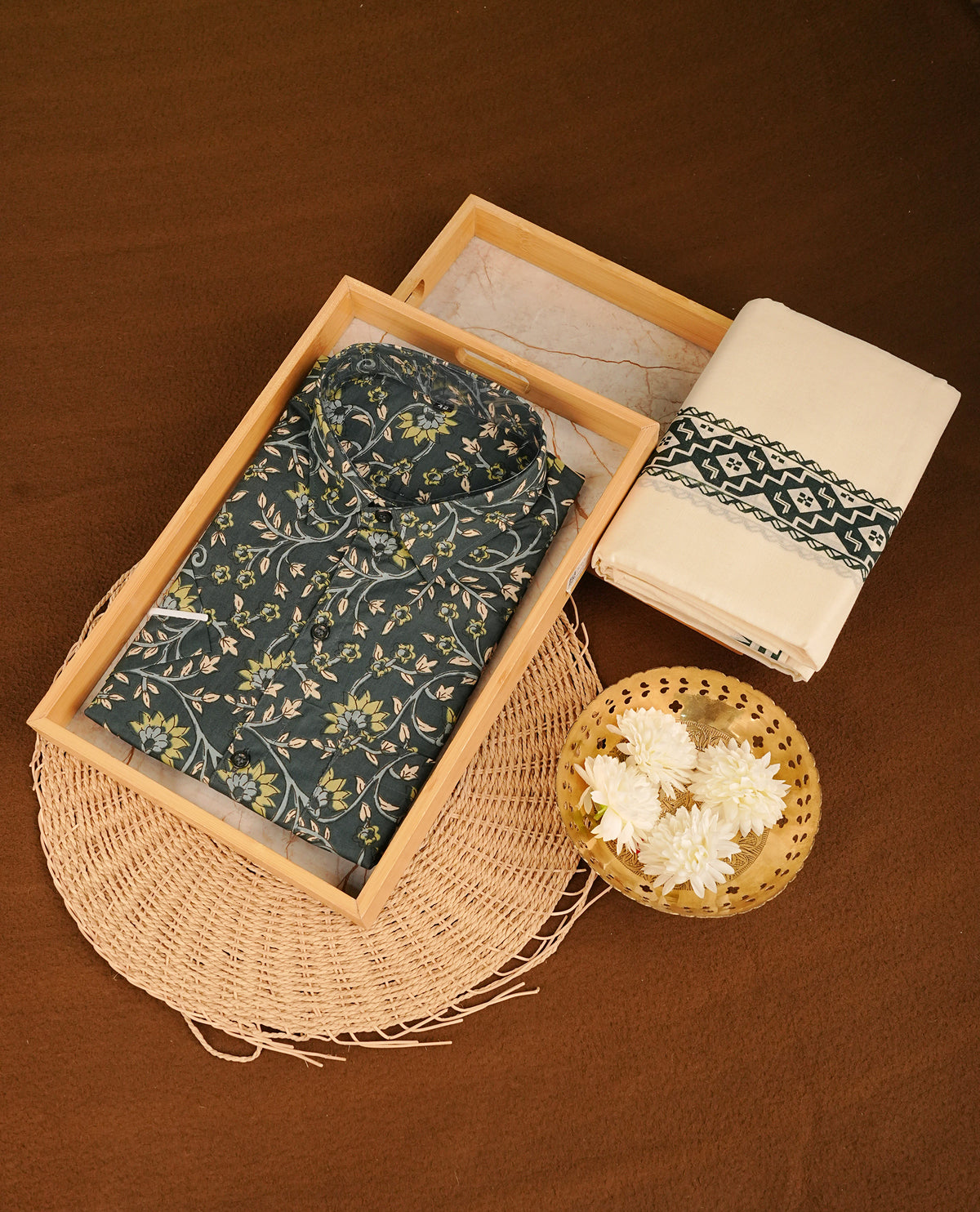 Dark Green colour shirt featuring Floral Pattern printed body, paired with cream colour double dhoti featuring printed border.