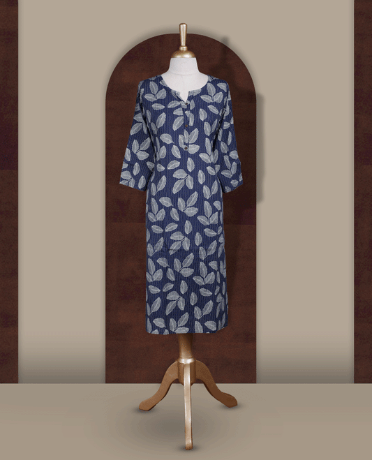 Navy blue colour kurthi adorned with elegant beige colour leaf prints, featuring a stylish V notch round neckline and comfy 3/4th sleeves.