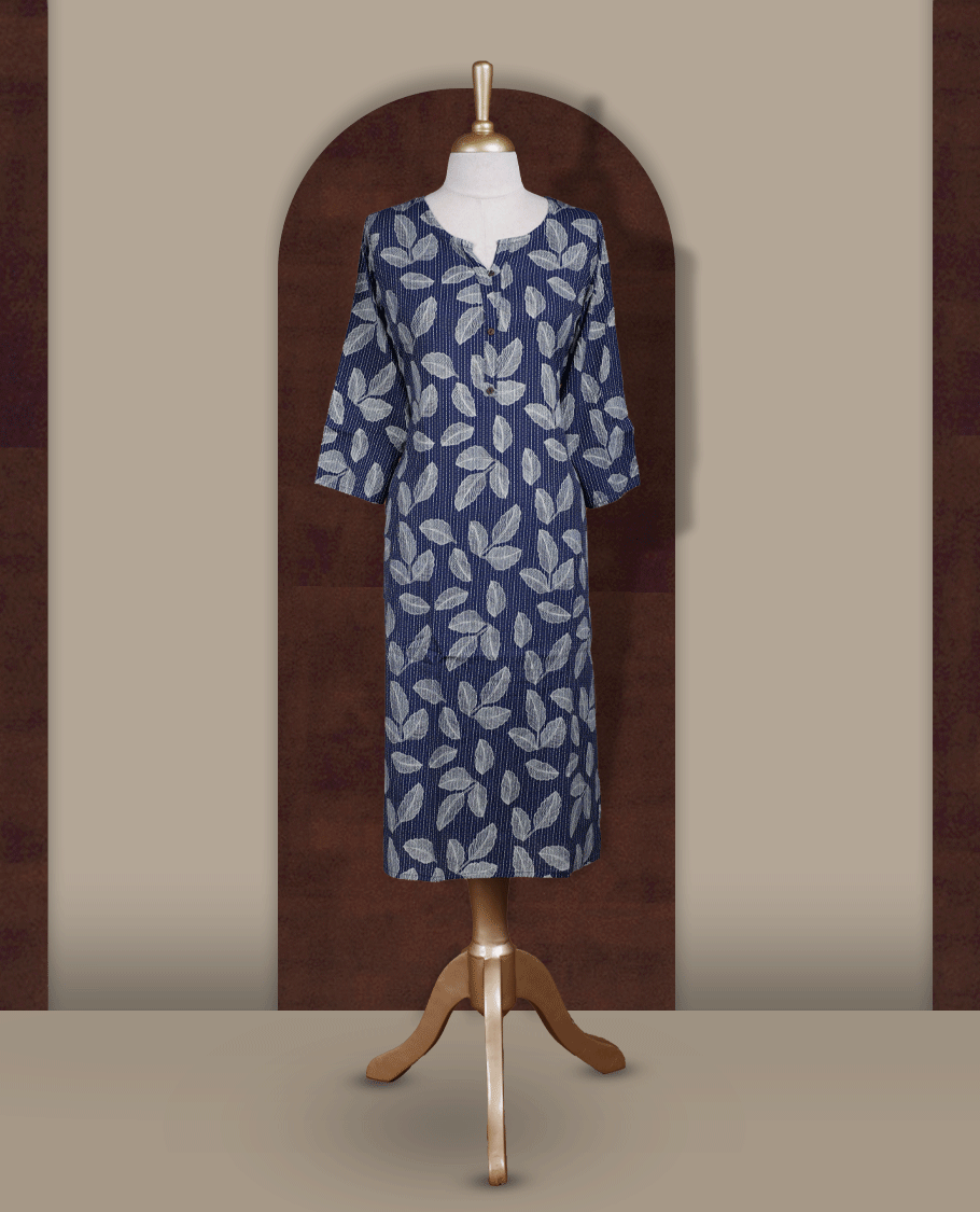 Navy blue colour kurthi adorned with elegant beige colour leaf prints, featuring a stylish V notch round neckline and comfy 3/4th sleeves.